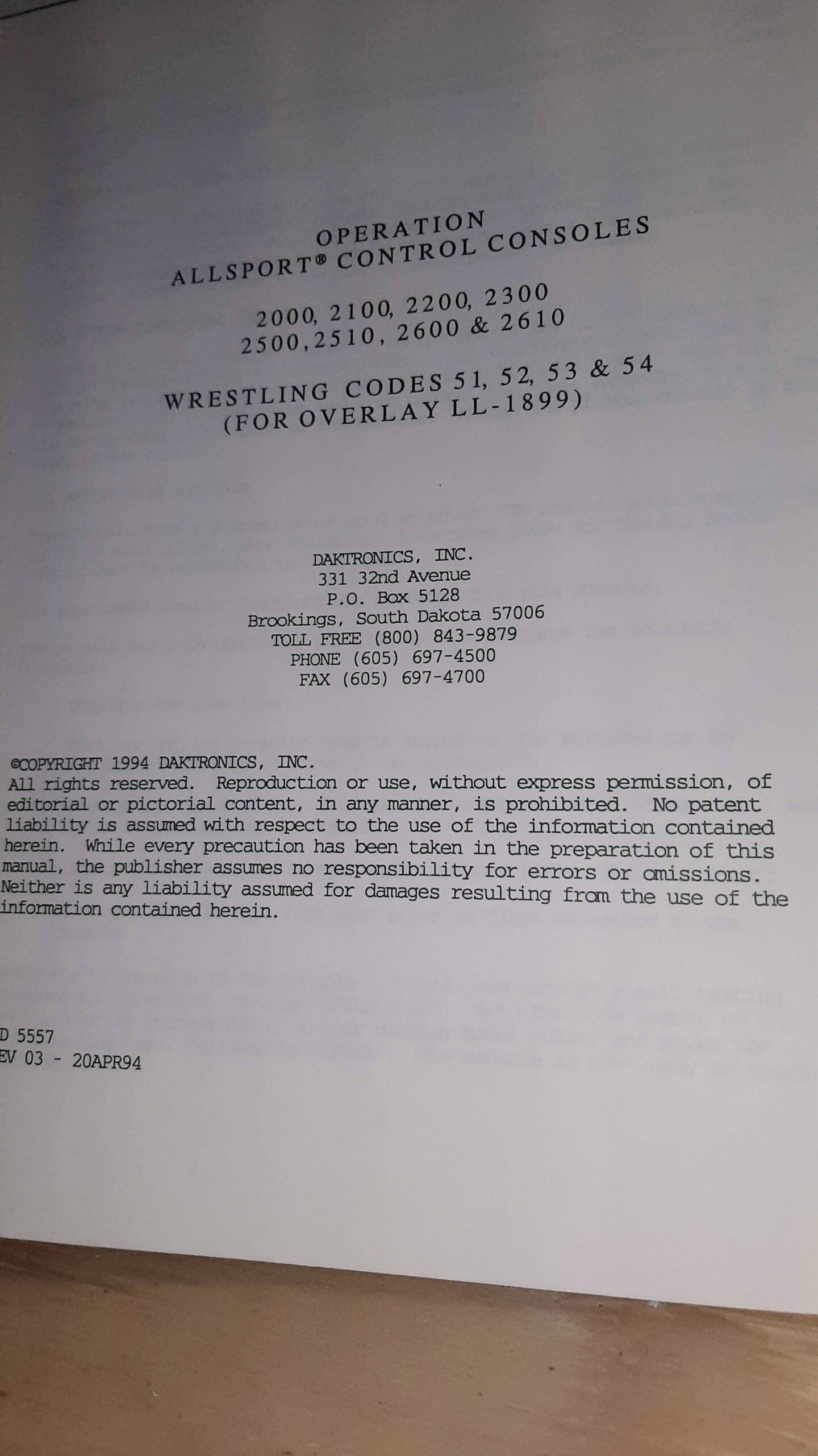 Daktronics All Sport LL1899 Wrestling Overlay & 2000 Series Wrestling Manual