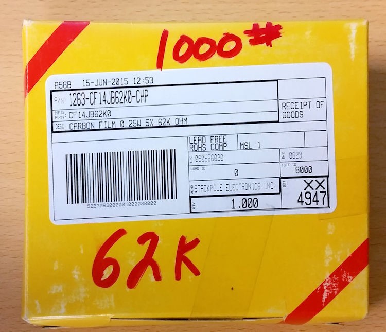 Qty 1000 62K ohm resistor 5% tolerance .25W 1/4W CF14JB62K0 1263-CF14JB62K0-CHP